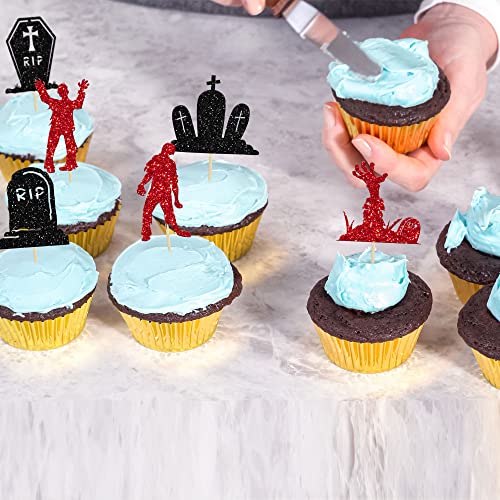 24Pcs Halloween Zombie Cupcake Toppers Glitter Horror Theme Tombstone Graveyard Cupcake Picks For Halloween Theme Kids Babyshower Party Decorations Supplies #TOP4