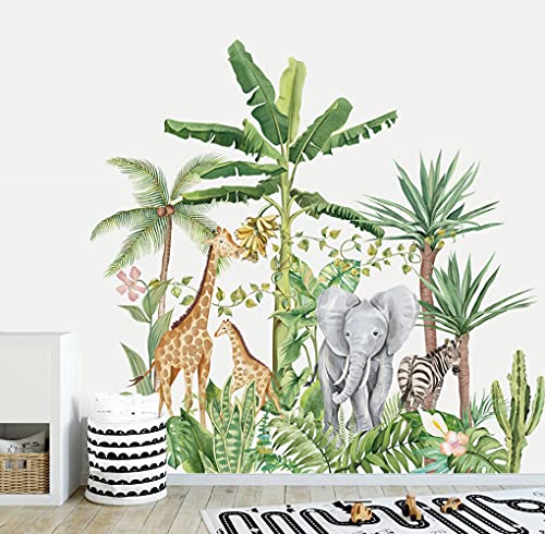 Runtoo Stickers muraux animaux de la jungle tropicale girafe, éléphant, plantes - Décoration murale pour chambre d'enfant