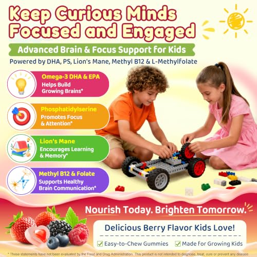 Image of Kids Methylated Multivitamin Gummies with Omega 3 DHA /EPA, Methyl 12 & Folate, Lion's Mane Mushroom, Vitamin D3, C, Zinc, Magnesium, Picky Eater Vitamins Children 4+ for Brain, Focus, Sugar Free, 60Ct