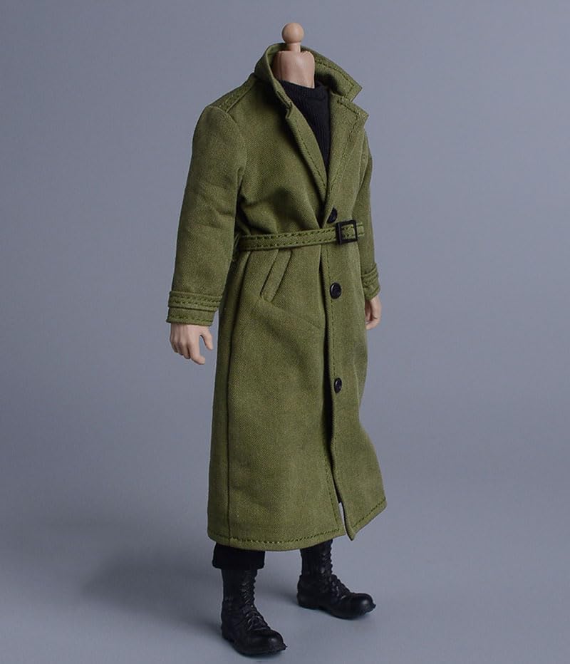 Fremego 1/12 Scale Male Clothes,Men's Long Coat Military Uniform British Style Long Trench Coat Windbreaker Outfit Clothing for 6inch Male Soldier Action Figure Body (Army Green)
