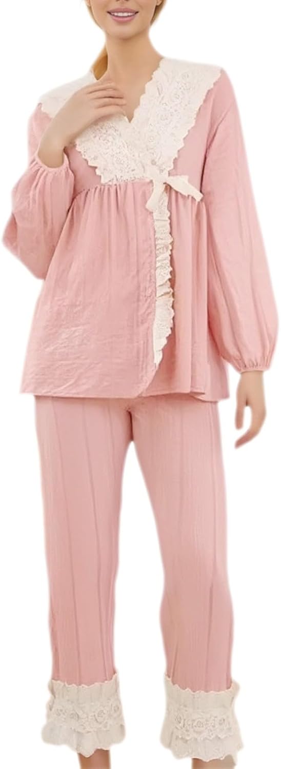 レディース ジャカード 長袖 パジャマセット プラスサイズ ルーズ レース ホームドレスセット268