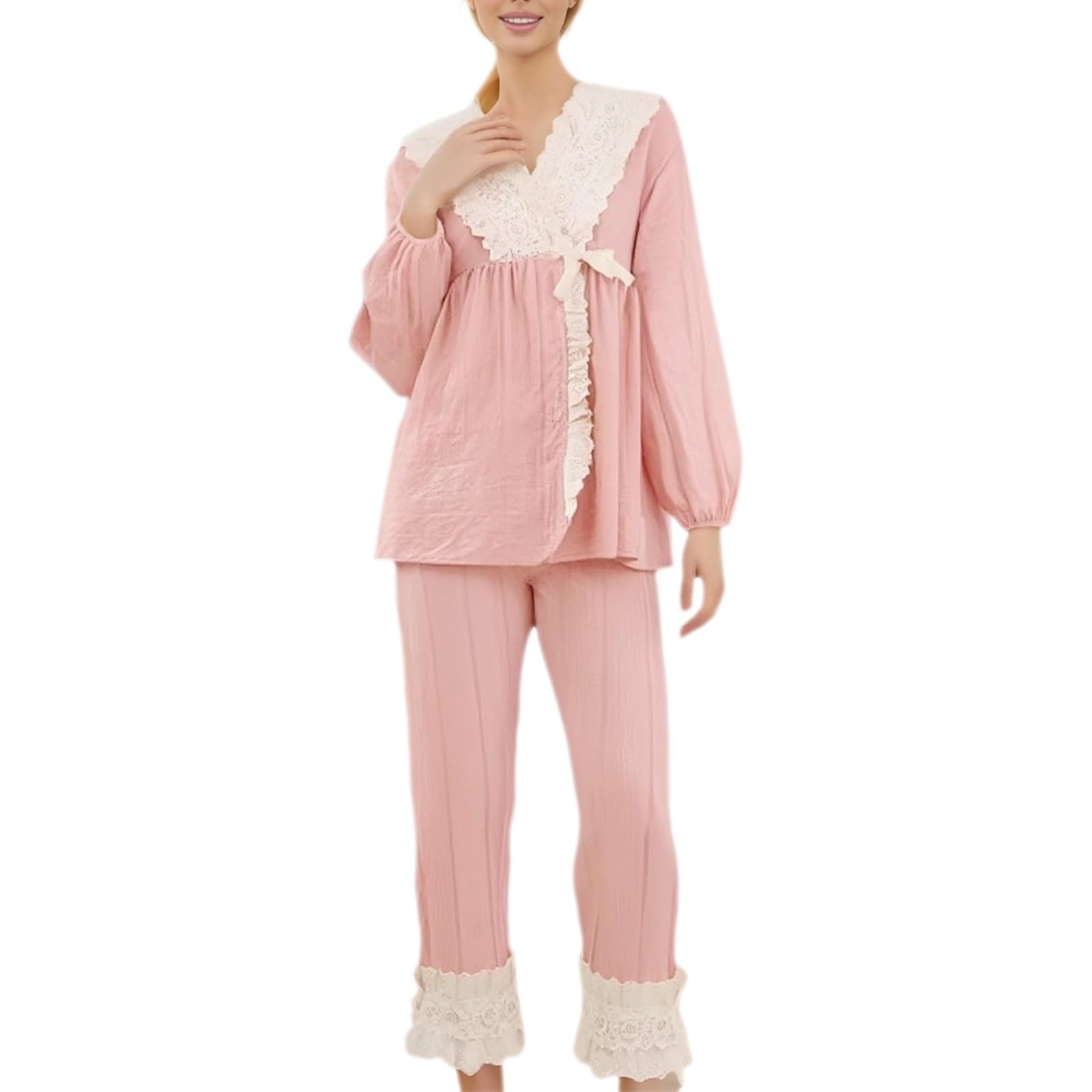 Damen Pyjama Set,Damen-Pyjama-Set Mit Langen ÄRmeln Und Jacquard-Muster ÜBergrößE Lockeres Spitzen-Homedress-Set
