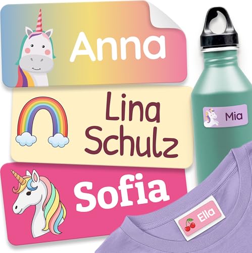 melu kids Namensaufkleber für Kinder - Kleidung & Gegenstände (60 Stück) Kita/Schule - Namensschilder für Kleidung waschmaschinenfest und personalisiert (Einhorn)