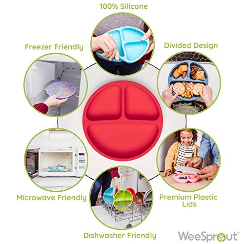 Weesprout Non-Suction Silicone, Plastic Dishware Plate (With Lids), Food Grade For Toddlers, Kids, Dishwasher And Microwave Safe (Bright Green, Blue & Grey, Small) #TOP1