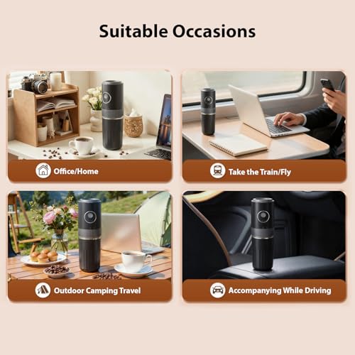 Image of Electric Coffee Machine Grinder and Pour Over Coffee Maker Portable Rechargeable Stainless Steel Cup 7 Grind Settings for Travel Camping Office Home (Black)