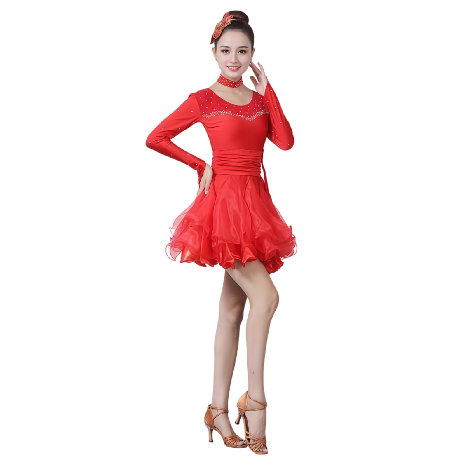 Abito da Competizione per Balli Latino-Americani da Donna, Elegante Costume da Esibizione A Maniche Lunghe di Colore Rosso con Scollo Rotondo E Strass per Cha-Cha Rumba Samba