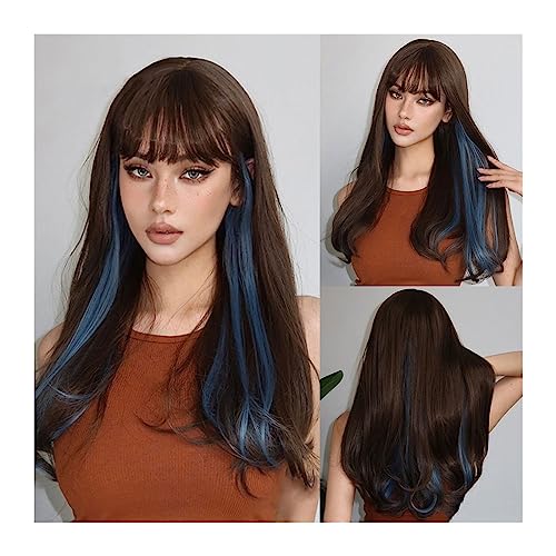 Perruque longue ondulée résistant à la chaleur brun méché bleu avec frange