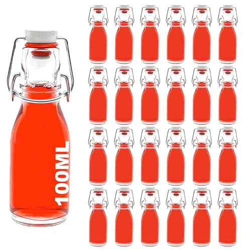 slkfactory 24 botellas de cristal vacías de 100 ml con cierre de clip con patillas de 0,1 litros, botella de alambre, botella de licor con cierre (24 x 100 ml)