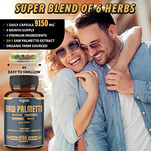 6In1 Organic Saw Palmetto Berry Supplements For Women & Men, Equivalent 9150Mg With Pygeum, Red Raspberry, Graviola & More - Hair, Nails & Body Support - 240 Vegan Capsules For 8 Months #TOP4