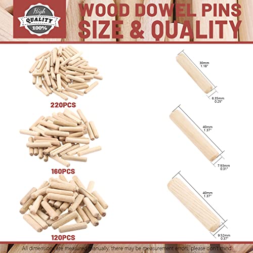 Hilitchi 500Pcs 1/4” 5/16” 3/8" L Fluted Wood Dowel Pins Beveled Ends Tapered For Easier Insertion Pins For Furniture Door And Art Projects (Wavy Grooved, Imperial) #TOP1
