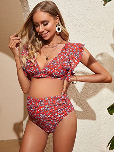 Makemechic Women's Maternity Two Piece Swimsuit Floral Ruffle Sleeve High Waisted Bikini Set Red L #TOP2