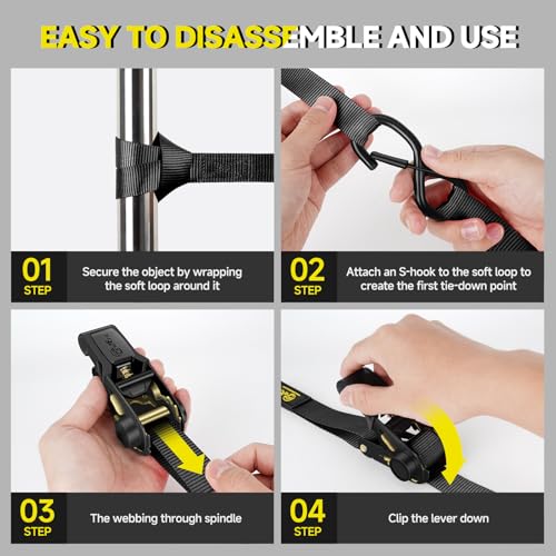Kit de amarração de correia de catraca de 4 peças | Correias de catraca resistentes de 2,5 cm x 4 m