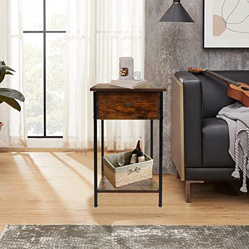 No More Tag Tall End Table With Drawer And Wooden Storage Shelf,Nightstand,Bedside Table With Steel Frame,Telephone Table,Side Table For Bedroom,Living Room,Small Spaces,2 Shelves (Rustic Brown) #TOP5