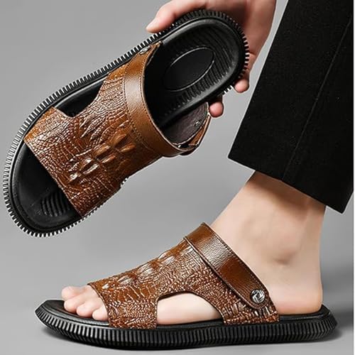 Men's Genuine Leather Sandals - Classic Printed Open-Toe Slides - Non-Slip Comfortable Beach Shoes3