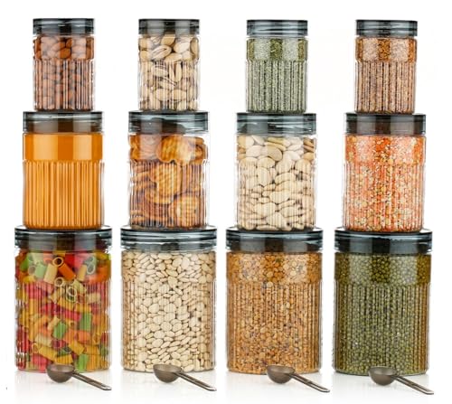 Image of Polypropylene Pet Food Storage Containers Set With Airtight Lids, Kitchen Organisation Jars For Pasta, Spices, Dry Goods, Stackable (12 Pcs BLACK)