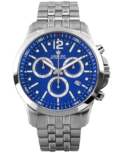 LOUIS XVI Athos le Grand 2.0 3521 - Ø 48 mm - Montre pour homme - Étanche - Bracelet argenté - Cadran bleu avec diamants - Calibre Ronda Z60
