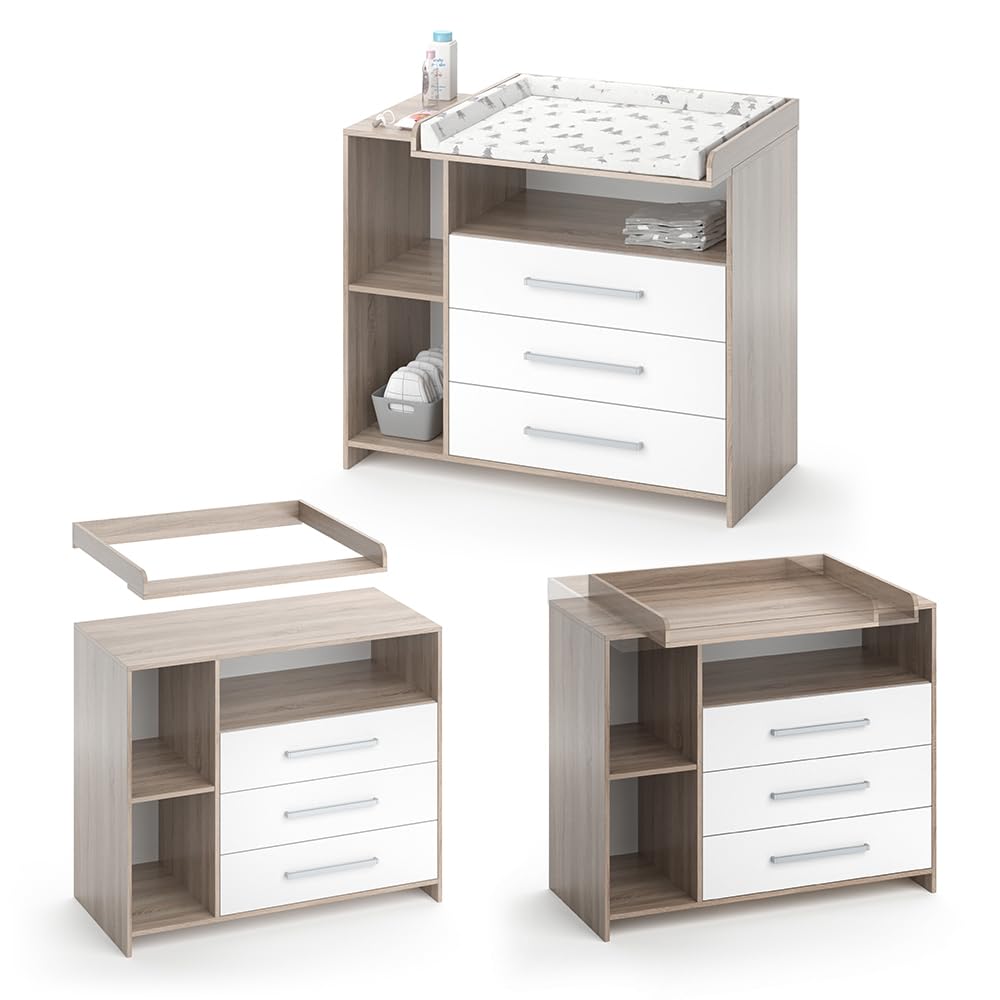 Vicco Cómoda Cambiador Oskar, Blanco/Sonoma, 113 x 100 cm, Convertible en cómoda Gracias al Cambiador extraíble