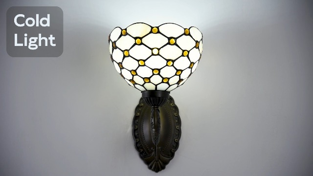 Image of Tiffany Style Wall Sconce White Amber Beads Stained Glass Lamp with 8-inch Lampshade for Bedroom Hallway Living Room Home Office