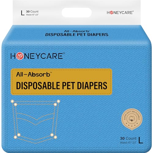 Image of Honeycare Female Dog Diapers, Disposable Diapers for Female Dog with Stretchy Waist, Dog Pull-Ups for Easy wear, Dogs in Heat Period Super Absorbent Leak-Proof Doggie Diapers, Size Large, 30 Count