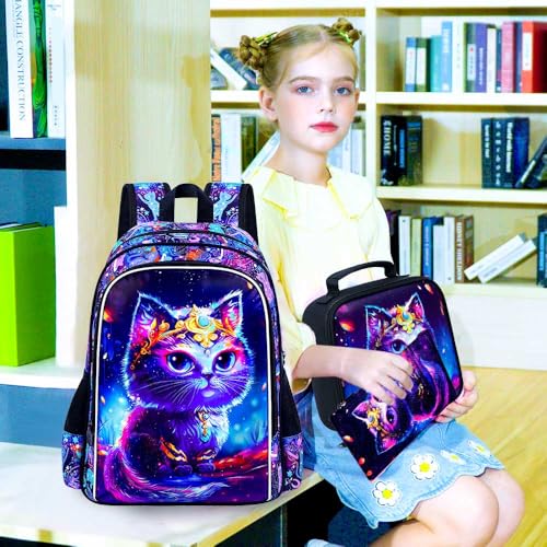 Image of CCJPX 3PCS Cat Backpack for Girls, 16 inch Kids Preschool School Bookbag with Lunch Box for Toddler Elementary Kindergarten