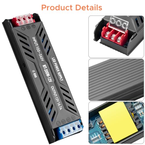 Image of LED Power Supply 12V 200W, LED Driver 16.7A, 120V AC to 12V DC Transformer, IP20 Compact for Home Lighting, LED Lamps