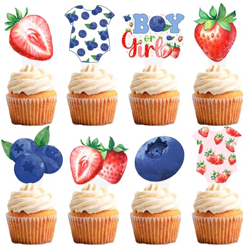Berry Gender Reveal Cupcake Toppers Boy or Girl Berry Sweet What Will Our Baby Be Decorations Strawberry Blueberry Baby Shower Cupcake Picks Decor for Newborn Baby Boy or Girl Party Supplies