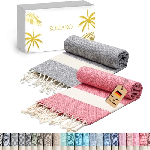 SOLTAKO Premium Hamamtuch Diamant Fouta 2er Set 100x200, Koralle/Grau – Ansicht 1