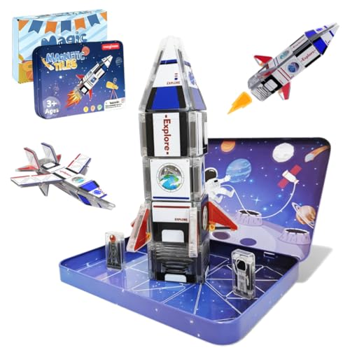 Maginoo 42PCS Mini Magnetic Tiles Space Rocket Toys STEM Building Blocks Construction Set Iron Travel Box Magnet Tiles Space Toys for Kids Ages 3-8 Birthday Gift for Boys Girls