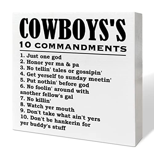 Image of Western Desk Decor Wooden Box Sign, Cowboys's 10 Commandments, Inspirational Western Decor for Home Bedroom Party Cowboy Desk Decoration for Living Room Kitchen Table Cowboy Gifts for Men Boys