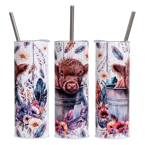 Rmeosye Highland Cow Gift, Highland Cow Tumbler, 20oz Cow Flowers Stainless Steel Cup with Lid and Straw, Just A Girl Who Loves Highland Cows Travel Coffee Mug Cover