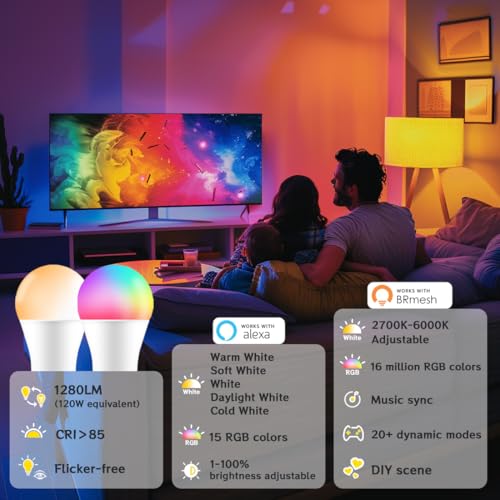 Alexa Light Bulbs 12W 1280LM, Bluetooth Smart Bulb Colour Changing, 16 Million RGB Colours + Warm to Daylight White Dimmable, B22 Bayonet Led Bulbs by APP and Voice Control (4 Pack) - Image 3