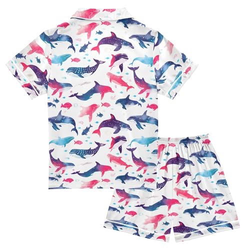 Charming Cartoon Whale Prints Summer Satin Pajama Set, Cute Button-Down Sleepwear Pj Set for Sleep Wears2