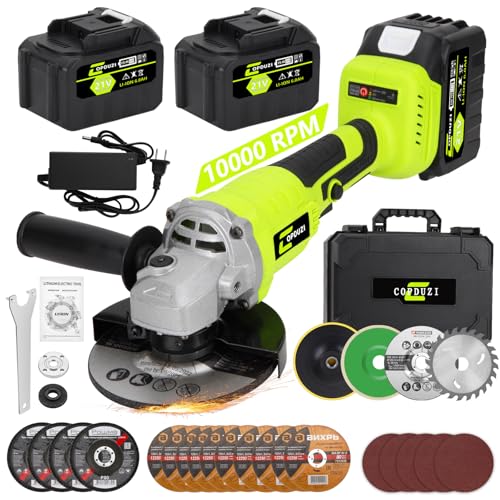 Copduzi Cordless Angle Grinder Set, 2X 6.0 Ah Batteries,21V Power Angle Grinder Tools,10000 Rpm Brushless Electric Grinder With 10-5 Inch Cutting Wheel cover
