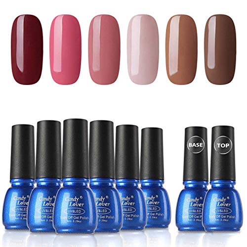 Gel Nail Polish Sets 8 Bottles - Candy Lover Selected 6 Popular Fall Colors Pink Red Brown Pure Pastel with Top Base Coat Set, UV LED Soak Off Nail Gel Polish Home Manicure Varnish Kit