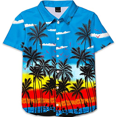 Image of Remimi Unisex Kids 4th of July Button Up Shirt Boys American Flag Print Hawaiian Beach Short Sleeve Tops 5-14 Years