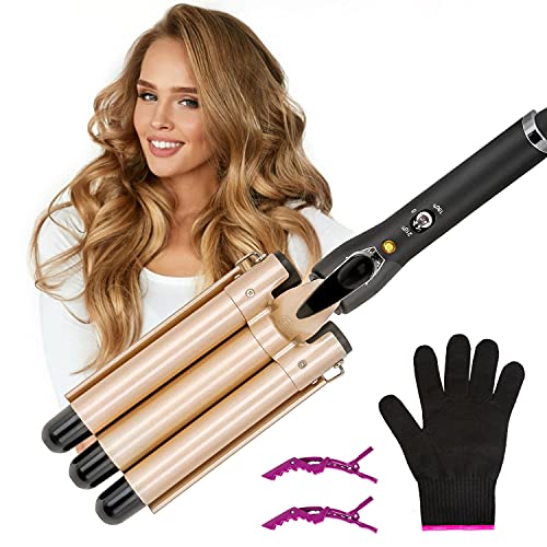 LAYADO 3 Barrel Curling Iron Hair Waver Cluer 22mm (0.86 Inch) Temperature Adjustable Three Barrel Hair Iron Hair Waver Iron Ceramic Tourmaline Triple Barrels Hair Crimper with Dual Voltage Gold