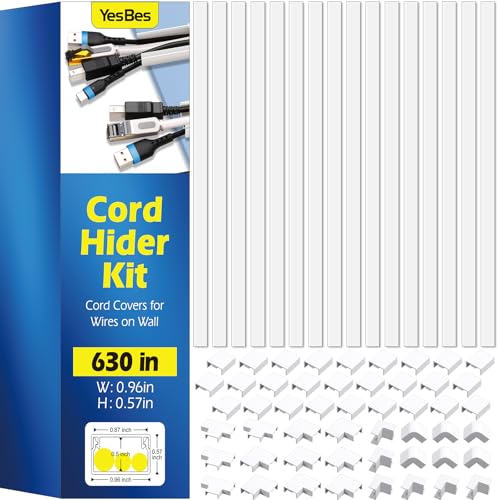 630in Cord Hider Kit, Paintable Cable Raceway, Cord Covers for Wires on Wall, Cord Hider for Wall Mount tv, tv Cable Hider Wall kit, Wire Covers for Cords, 40X L15.7in X W0.96in X H0.57in, White