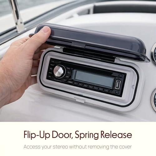 Image of Pyle Water Resistant Marine Stereo Cover - Smoke Colored Heavy Duty Boat Radio Protector Shield with Flip-up Door & Spring Loaded Release - Mounting Gasket Included - PLMRCW1