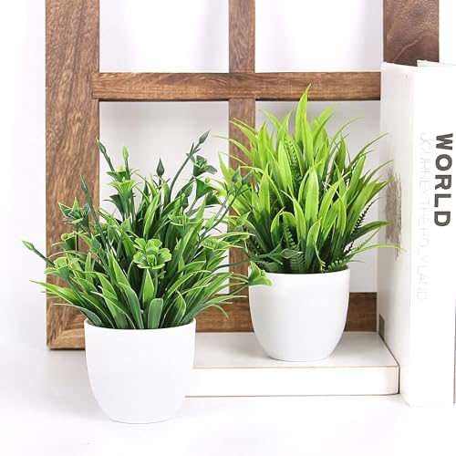 Image of Dekorly Artificial Plants Small Fake Potted Plants, Mini Eucalyptus Potted Faux Decorative Grass Plant with White Pot for Home Decor, Indoor, Office, Desk, Shelf, Table Decoration (Green-2)