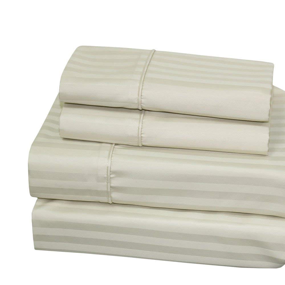 Royal Hotel Bedding620-Thread-Count Sheet Set, Wrinkle-Free Cotton-Blend Sheets, Sateen Striped, Deep Pocket, King Size, Ivory