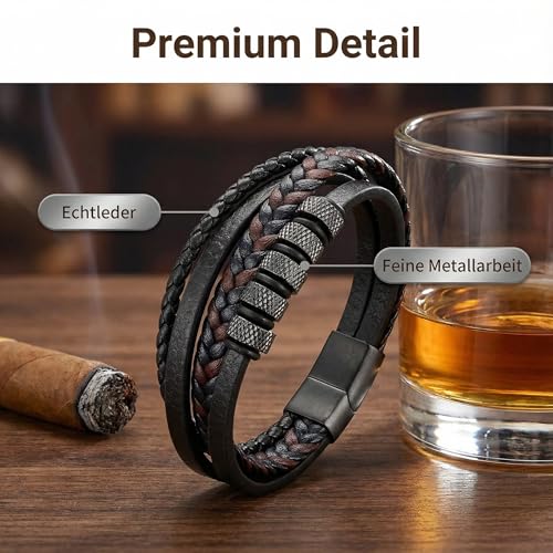 Gkmamrg Valentinstagsgeschenk für Männer Armband Herren Geschenk für Männer - Lerderarmband Leder Männer Armband schwarz Armreif - geflochten Echtleder Breites Wickelarmband mit Magnet Verschluss