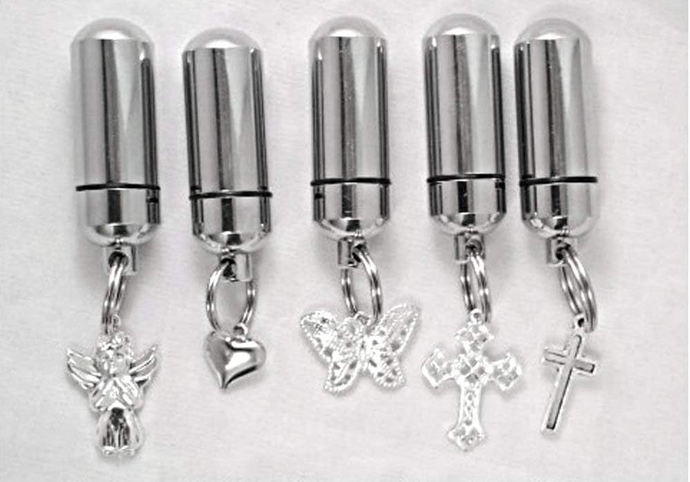 Assortment of FIVE Silver Cremation Urn Keepsake/Keychains - Angel / Crosses / Heart / Butterfly - Includes 5 Velvet Pouches & Fill Kit