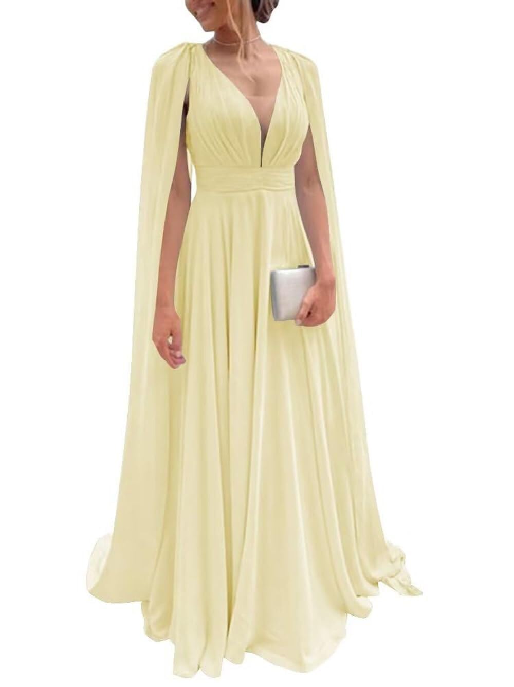 Chiffon Bridesmaid Dress for Women Cape Sleeve V-Neck Formal Evening Gowns with Pocket LBC020