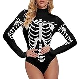 Xray Skeleton Women's Sexy Bodysuit Long Sleeve Tops Mock Turtle Neck T Shirts 1-Piece