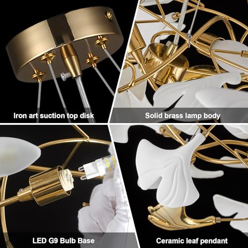 Image of Modern Tree Branch Chandelier for Dining Room, L39inch Ginkgo Leaf Chandeliers Brass Rectangle Chandelier Large Luxury Hanging Lights Fixture for Living Room Kitchen Island, 5-Light