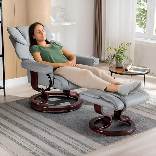 Blisswood Recliner Chair with footstool, Recliner Armchair up to 160kg Weight Capacity, 135° Reclining Swivel Sofa Chair, PU Leather High Back Ergonomic Swivel Armchairs, Wooden Base for Living Room
