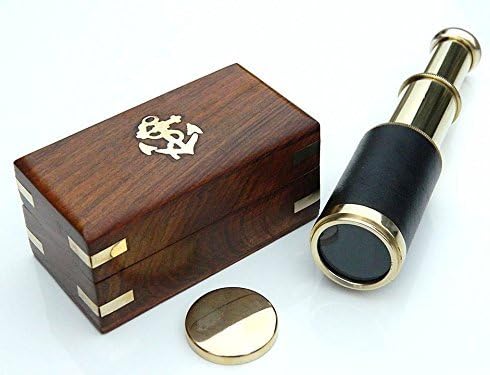 Telescopio de Latón con Cuero Negro y Madera Vintage