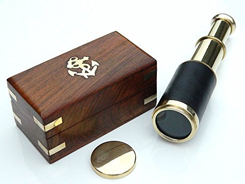 (with device) Brass Telescope Black Leather Wood With Box