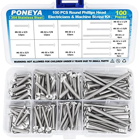 Machine Screws, 100 PCS Phillips Pan Head Electricians Screw Kit #6-32#8-32 Thread 304 Stainless Steel Screws for Electrical Wall Plate Switch, Receptacles Mounting Screws with Storage Case