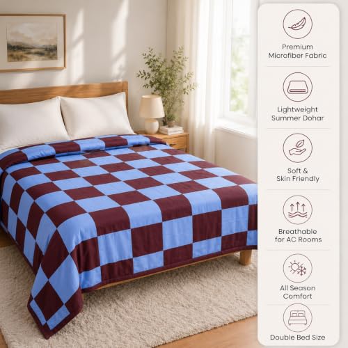 Image of Double Bed Dohar Premium Maroon Grid | Lightweight Summer Quilt | Soft Microfiber AC Blanket | Breathable All Season Comforter | Skin Friendly Bed Cover